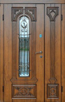 Дверь входная в дом, двостворчатые, со стеклопакетом и ковкой Z180-2 фото