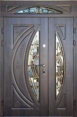 Входные уличные двери с фрамугой стеклопакетами и ковкой MDF17-2 фото